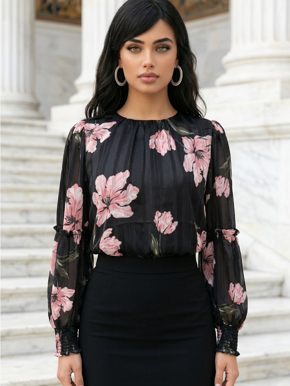CeCe Women’s Medium Blouse Black Floral LS Smocked Cuffs Lined Top $79